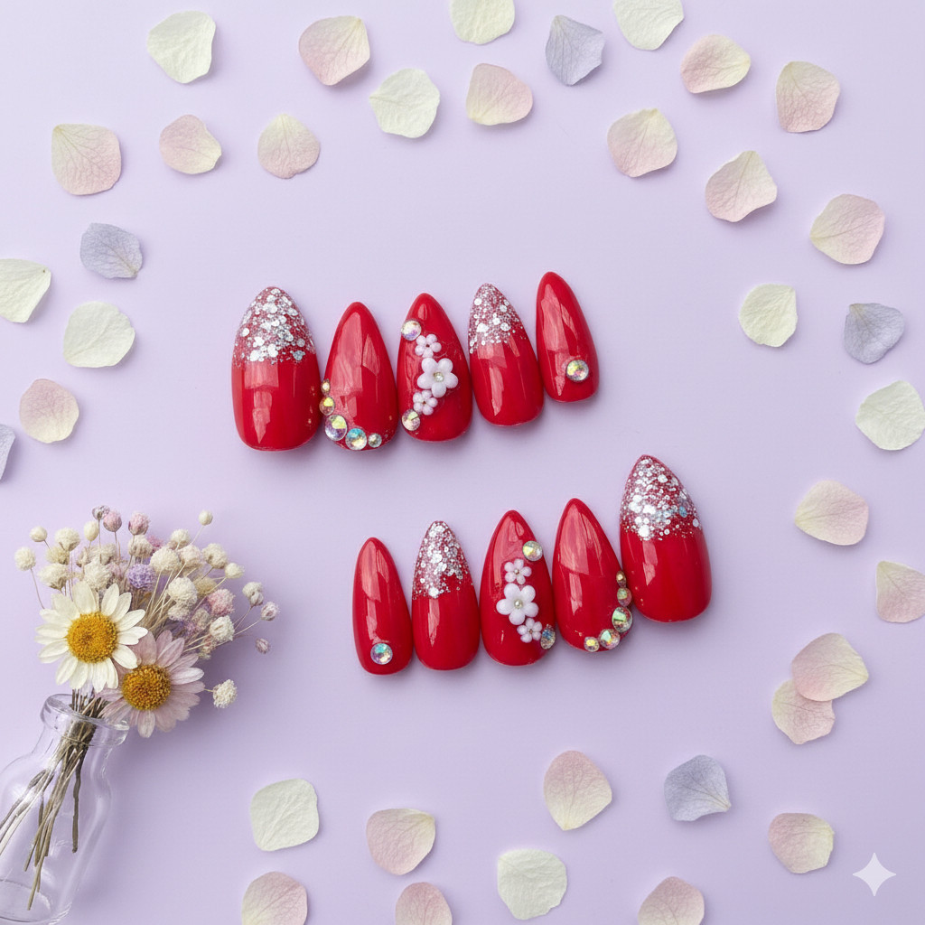 KUKU PALSU ID - Press On Warna Merah 10 Pcs Gratis Lem || Kupal Pengantin Premium Wedding B3