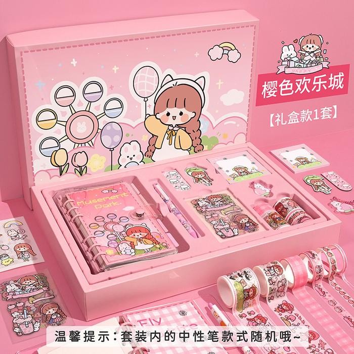 Gift Box Set Planner Book Sticker Notebook Pen Binder 6 Ring Kado B006 - PINK