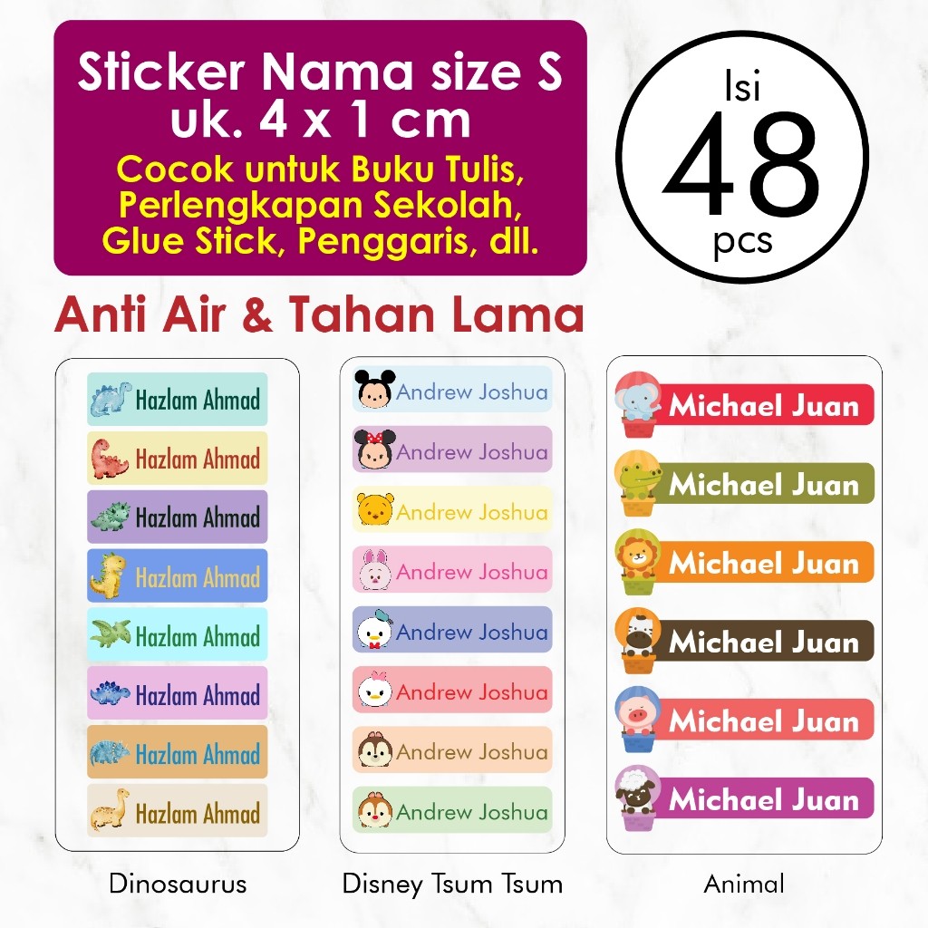 Stiker Label Nama Anak Custom Ukuran S isi 48 pcs Label Nama Anak Waterproof Tahan Air Stiker Pensil