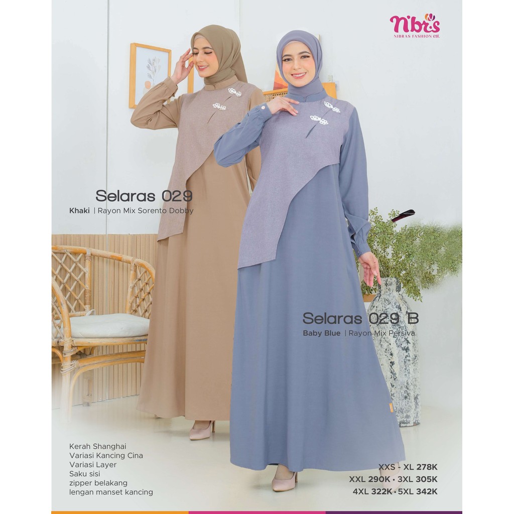Nibras Selaras 029 Gamis Kondangan Rayon Sorento Dobby Khaki Baby Blue Polos Elegan Variasi Layer