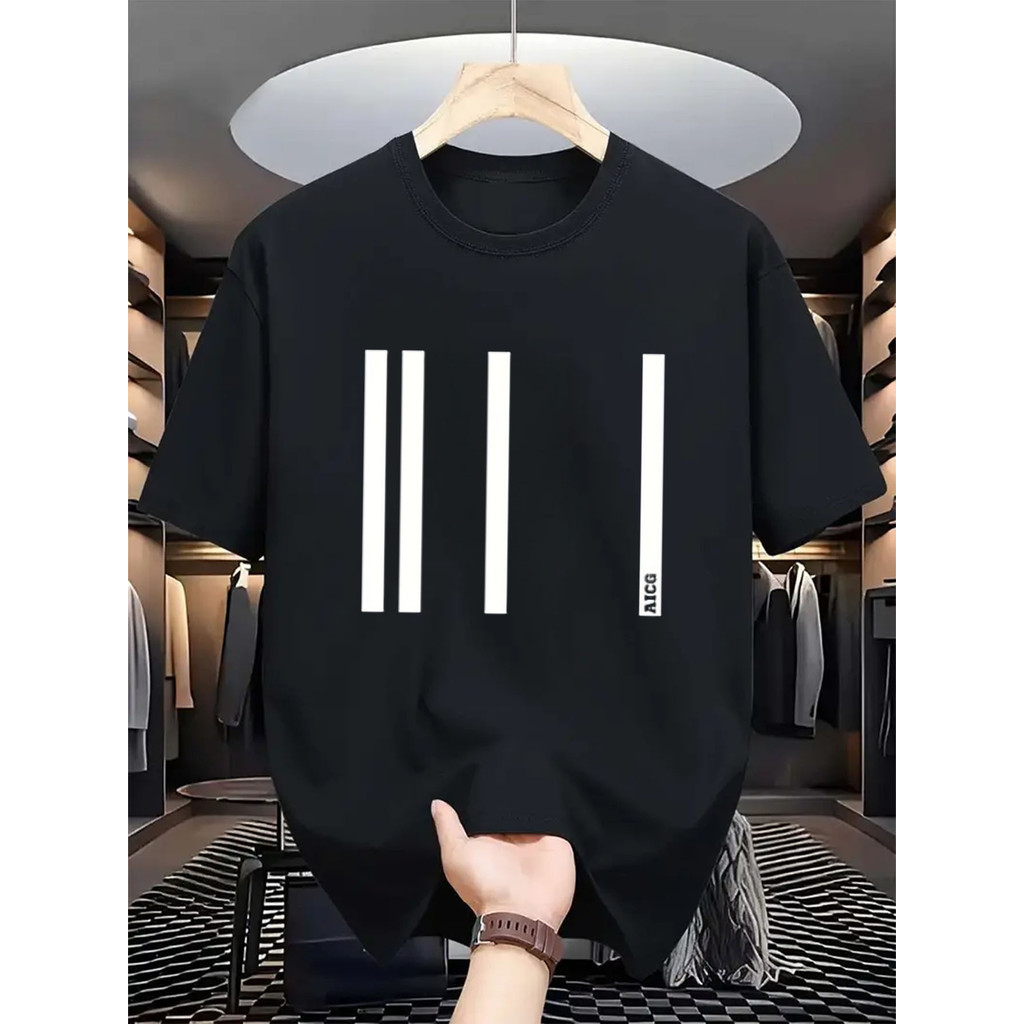 Kaos Hitam Ukuran Besar Pria - Cetakan Garis Vertikal Putih, Kaos Santai Leher Bulat untuk Jalan-Jal