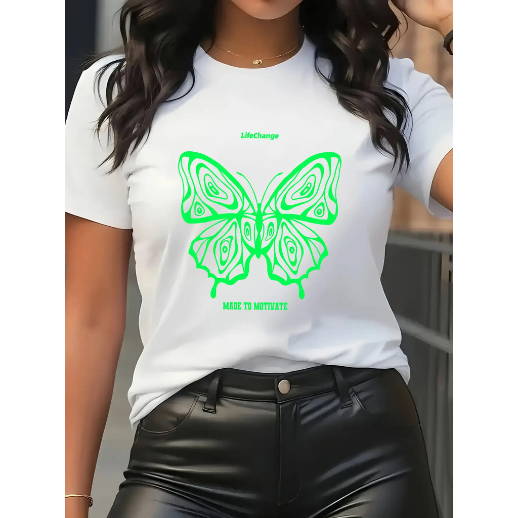 Kaos Wanita Cetak Kupu-Kupu Hijau Neon - Pakaian Santai & Pesta dengan Leher Smock, Atasan Lengan Pe