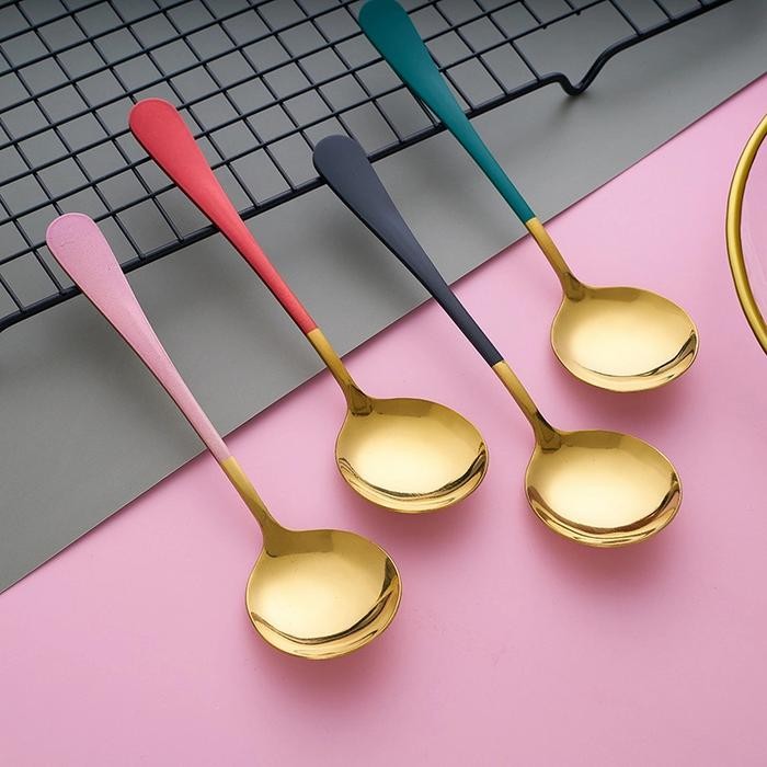 Sendok Makan Soup Korea Gold Warna Stainless Tebal Spoon Mewah Unik