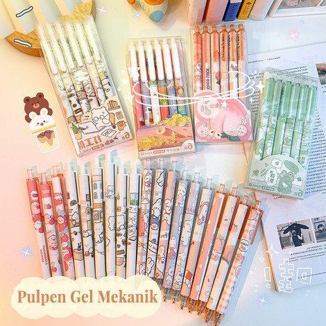 S5809 Pulpen Gel Mekanik Lucu Karakter / Set Pulpen Gel 6 Pcs / Ballpoint Mekanik Pulpen Set Isi 6 P