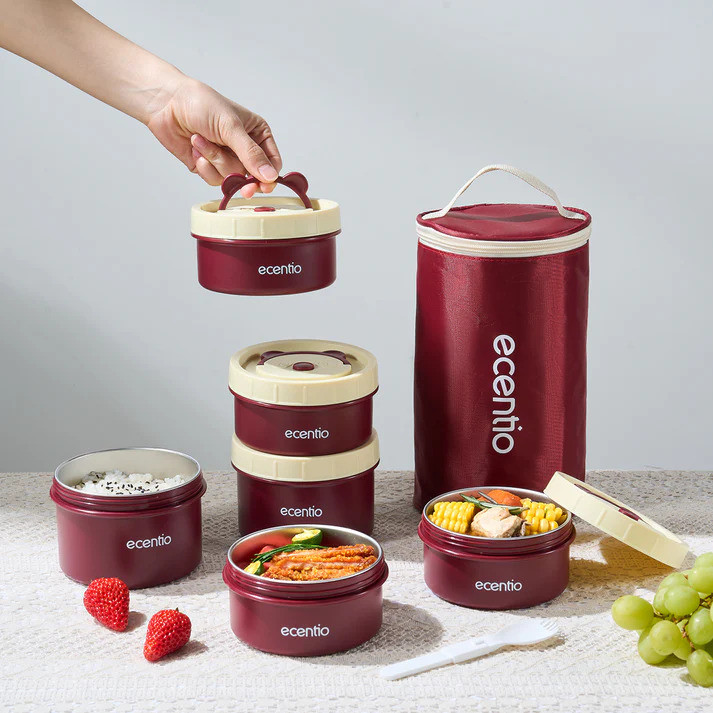 Ecentio Lunch Box Bulat Set 3pcs + Tas | Kotak Makan Bekal Wadah Sarapan Anak Lunchbox