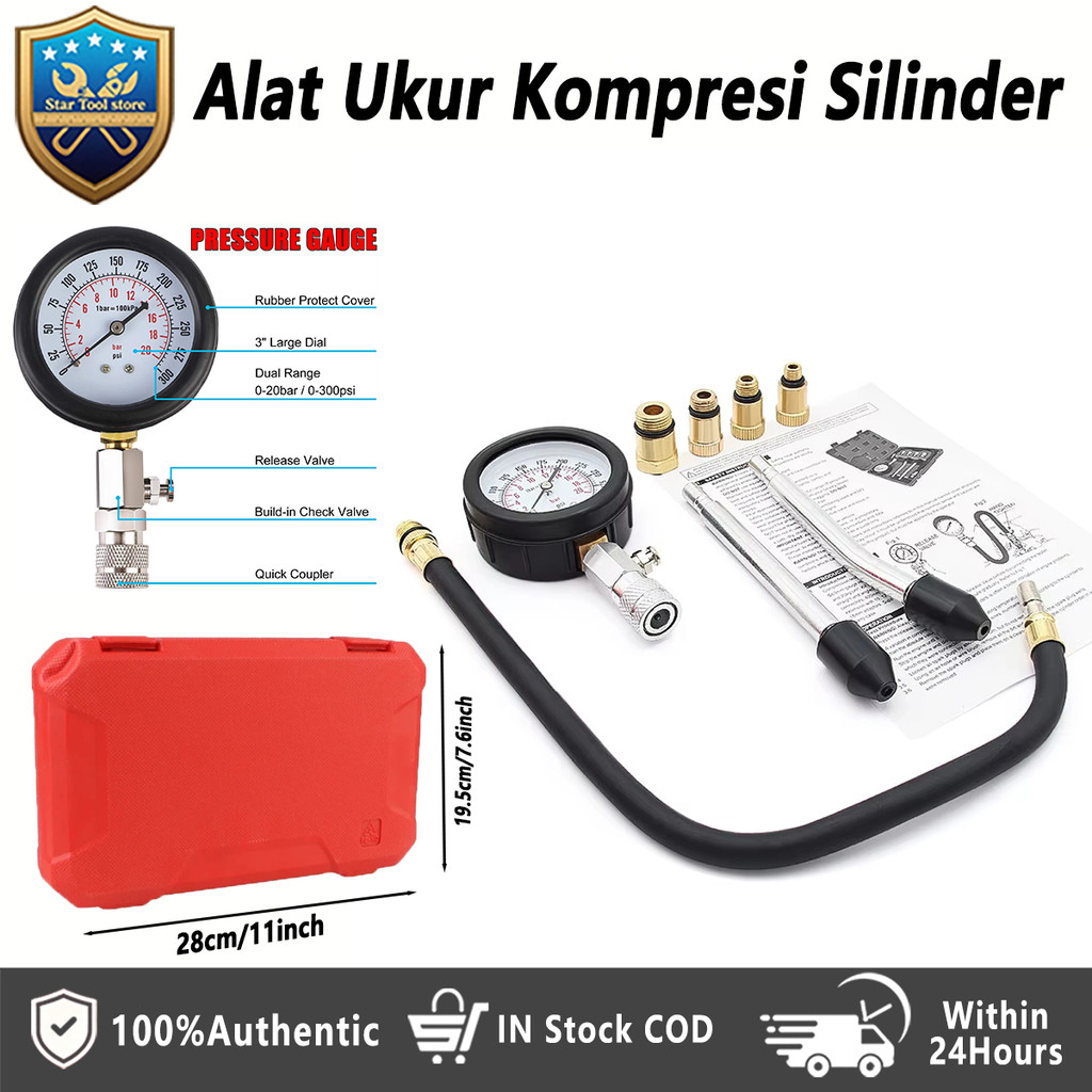 Tester Kompresi Silinder Lengkap - Kit Diagnosa Mesin Bensin dengan 4 Adaptor Berbeda, Akurat untuk 