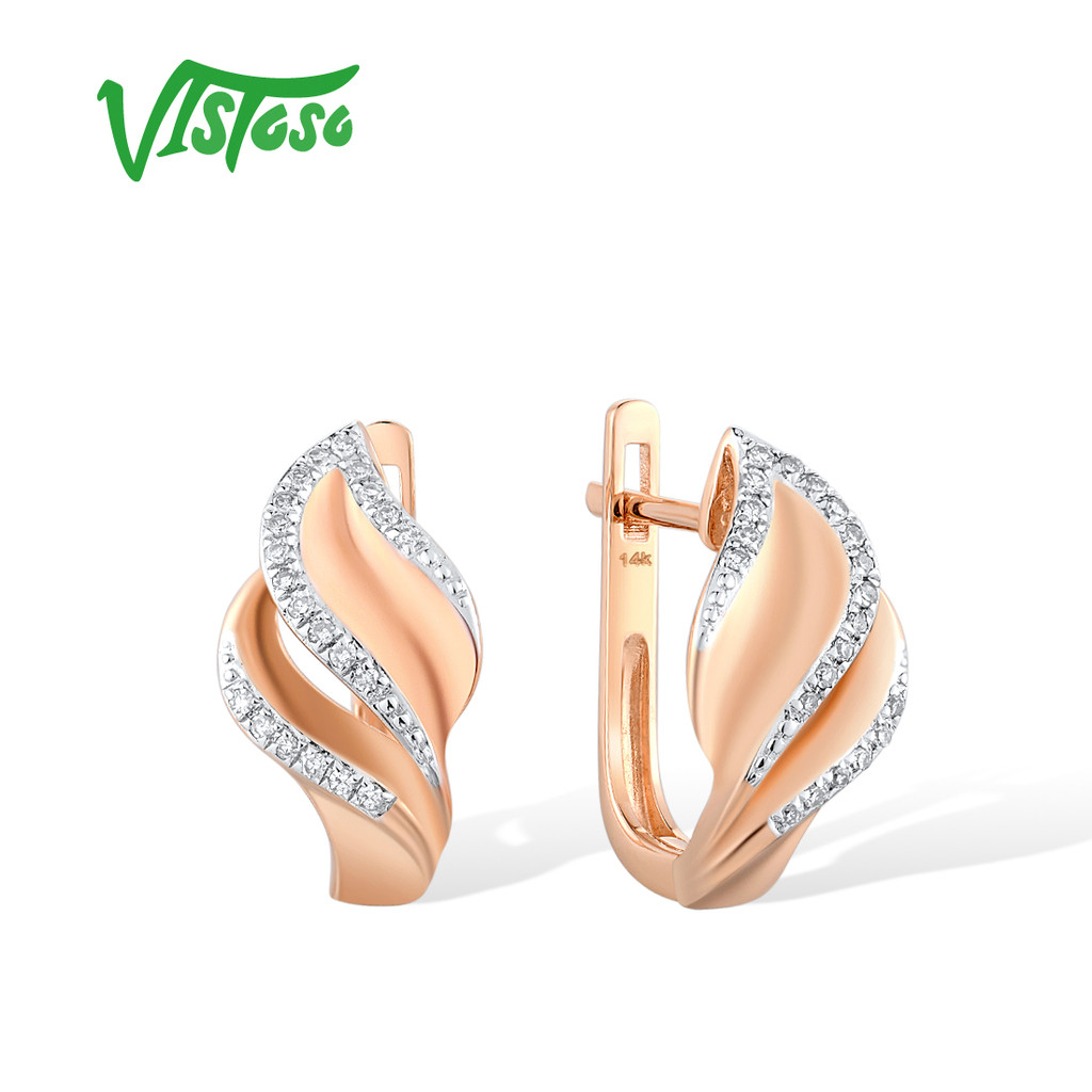 VISTOSO 14K 585 Rose Gold Earrings For Lady Glamorous Elegant Sparkling Diamond Leaf Earrings Weddin