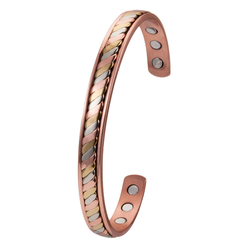 Gelang terbuka halus dengan enam magnet dan desain tambal sulam sisik ikan tiga warna.Bagian tengah 