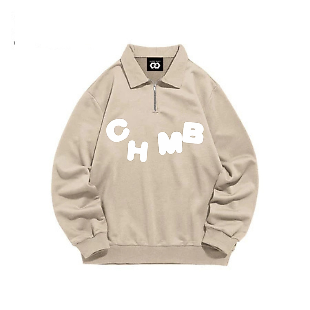 Sweater Zipper CHMB Logo Teks Floking Simple Casual Premium / Crewneck Halfzip Lengan Panjang