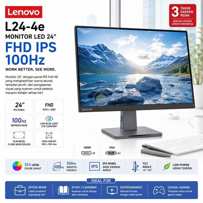 Monitor LED Lenovo L24-4e 24 Inch IPS Full HD 100Hz HDMI VGA VESA Low Blue Light Slim Bezel Office M