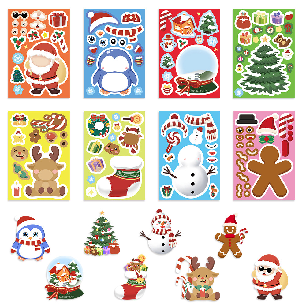 

8/16/24pcs Puzzle Stickers Make A Face Santa Claus DIY Waterproof Kids Jigsaw Games Sticker Children Party Decor Toy