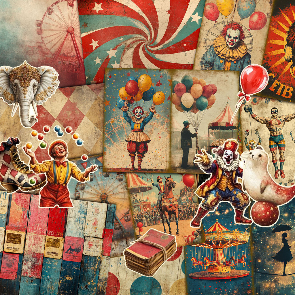 

50pieces Vintage Circus Clown DIY Decor Paper Set With Sticker,for Arts Crafts,Scrapbooking Supplies,DIY Crafts,Background Pad