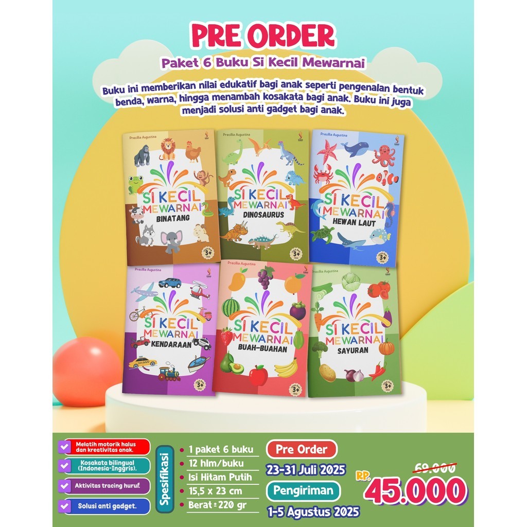 1 Paket 6 Buku Si Kecil Mewarnai, Buku Mewarnai Anak, Buku Mewarnai Anak TK SD
