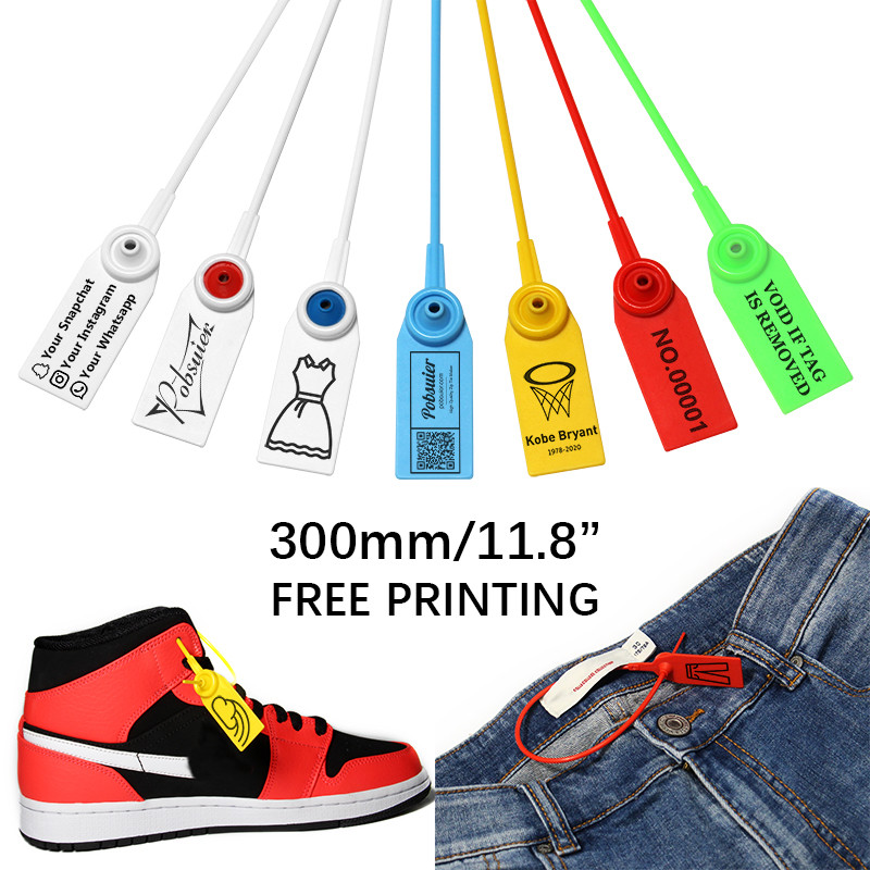 

100 Custom Garment Plastic Security Tag Shoe Clothing Bag Brand Logo QR Bar Code Hang Labels Tags Seals Zip Ties 300mm/11.8