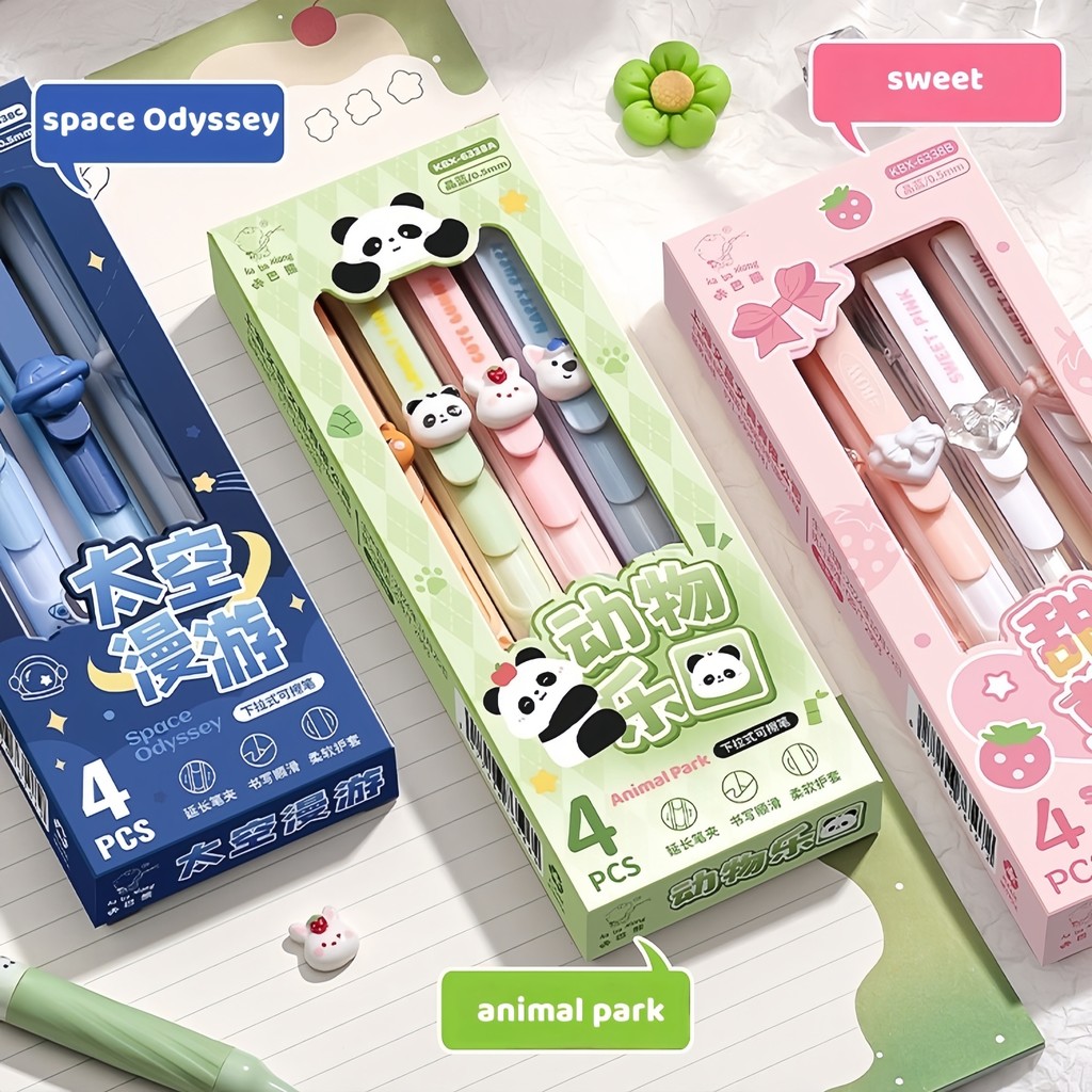 

4pcs Erasable Cartoon Gel Pen Set 0.5mm Black Ink Space Flower Panda Ballpoint Pens for Writing F3061