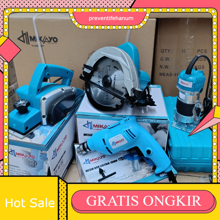 PAKET TUKANG LENGKAP 4 ITEM - Mesin Circular Saw Mikayo + Mesin Planner Mikayo + Mesin Bor 10mm Mika