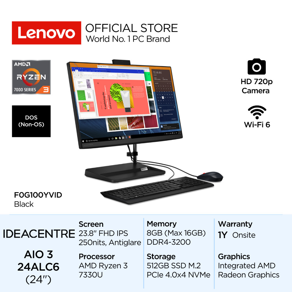 Lenovo PC IdeaCentre AIO 3 24ALC6 YVID AMD Ryzen 3 7330U DOS 8GB 512GB SSD 23.8" FHD IPS 250nits Ant