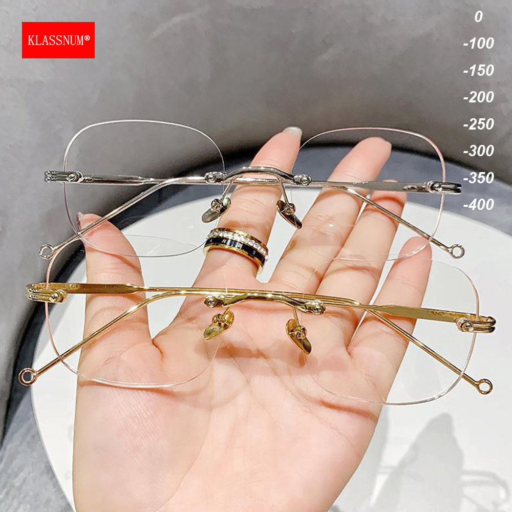 KLASSNUM Women Men Rimless Myopia Glasses Luxury Brand Frameless Anti-blue Light Metal Frame Eyewear