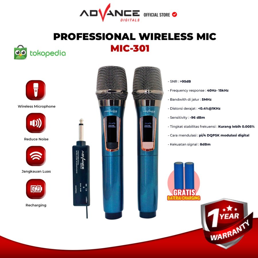 ADVANCE Microphone Tanpa Kabel MIC 301 Double Mic Wireless Microphone Metalic Baterai 18650 Recharge
