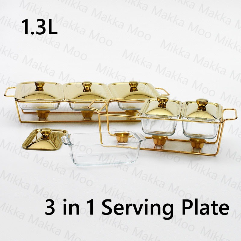【Ready stock】Kompor Makan Kaca Tiga Kompartemen Persegi/ Prasmanan Transparan 3in1/ Panjang Emas Kom