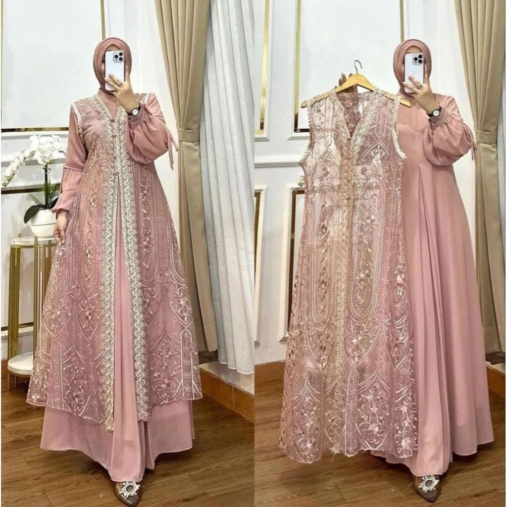 ES.COLD Gamis Brokat Naura Dress 2in1 Busui Wudhu Friendly Inner Ceruty Adem + Outer Brokat Premium 