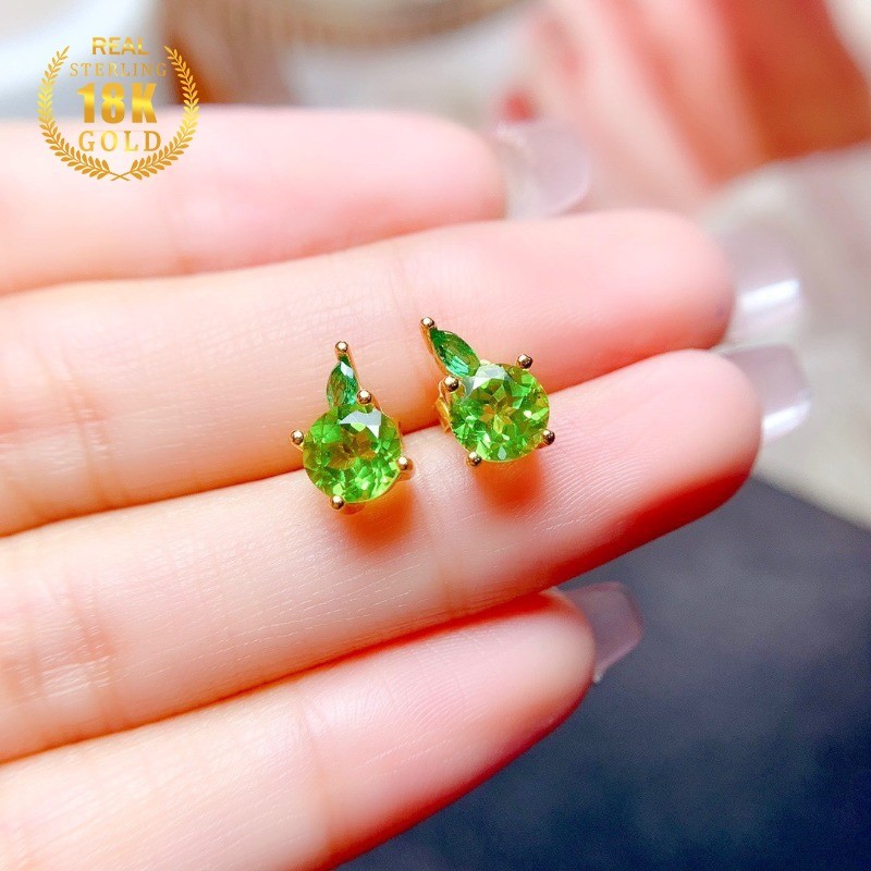 Anting Kecil Lucu Zircon Hijau Apel Emas 18K Untuk Wanita