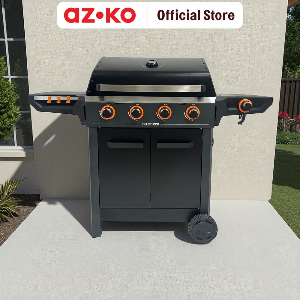 AZKO Celcio & Co Pemanggang Gas Bbq 4 Tungku Dengan Side Burner - Hitam Bbq Tools Griller Perlengkap