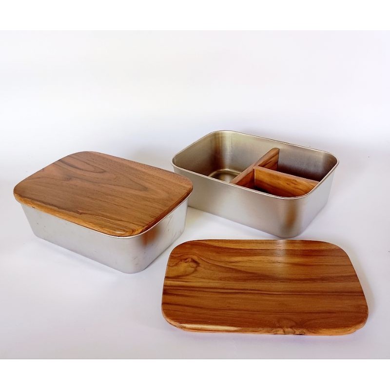 Box Bento Stainless Tutup Kayu Jati / Kotak Bekal Makanan