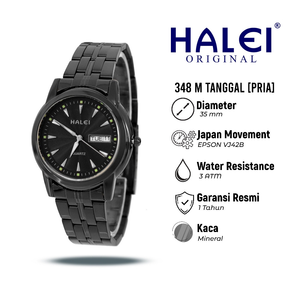 Halei 348M Jam Tangan Pria Halei Original AntiAir Rantai Stainless Back Tanggal Hari Analog Kekinian