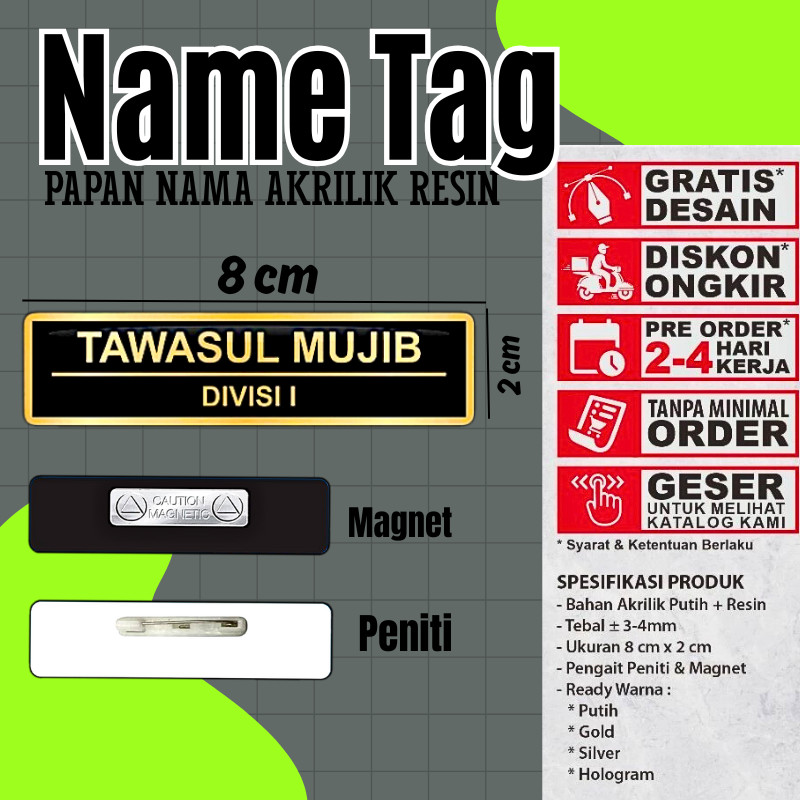 Name Tag Nama Dada Akrilik Magnet Peniti Gold Silver