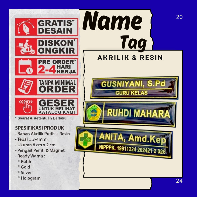 Name Tag Nama Dada Akrilik Magnet Peniti Gold Silver