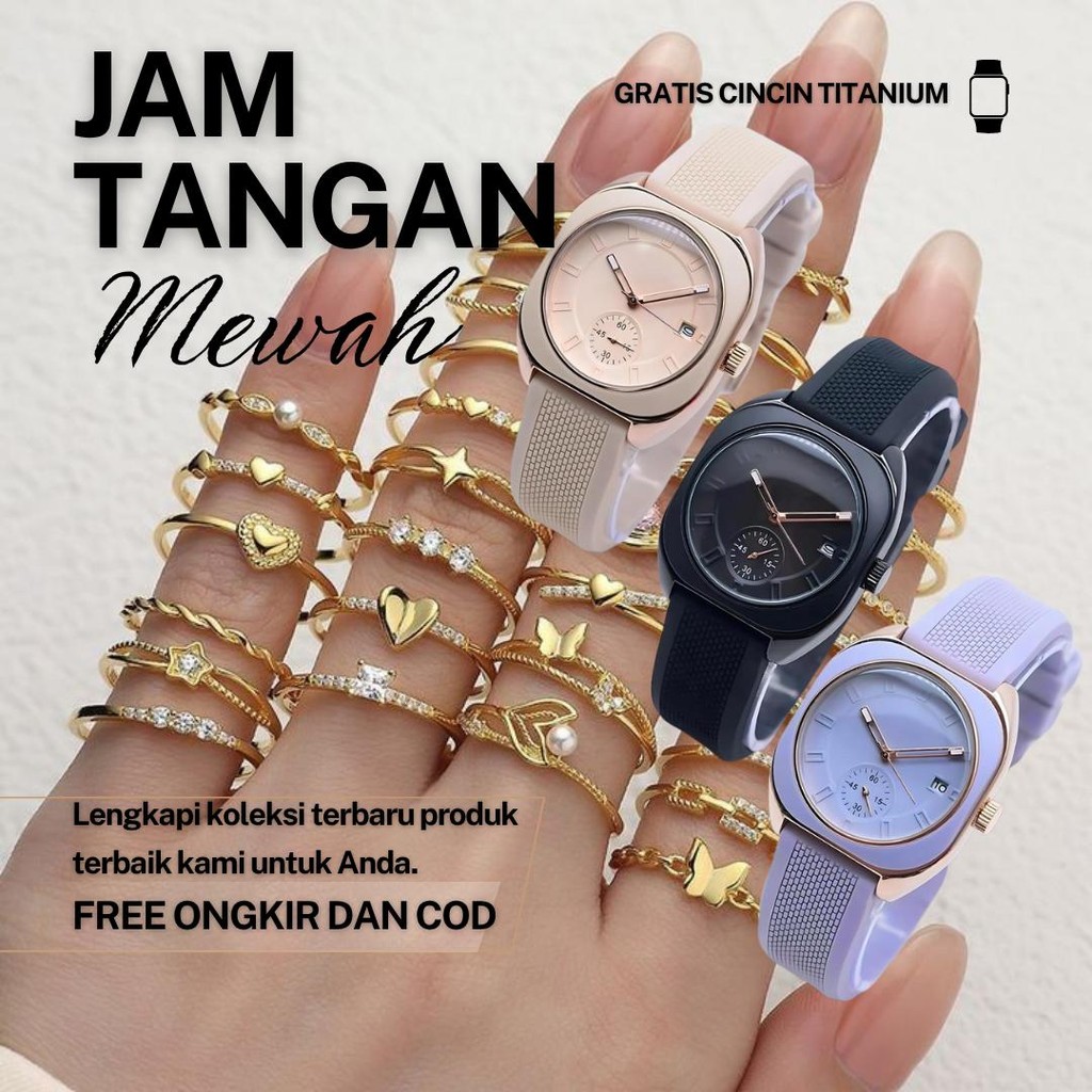 Jam Tangan Wanita Jam Wanita Tali Karet Tanggal Aktif Analoq Quartz Murah Watches Aksesoris - hitam 