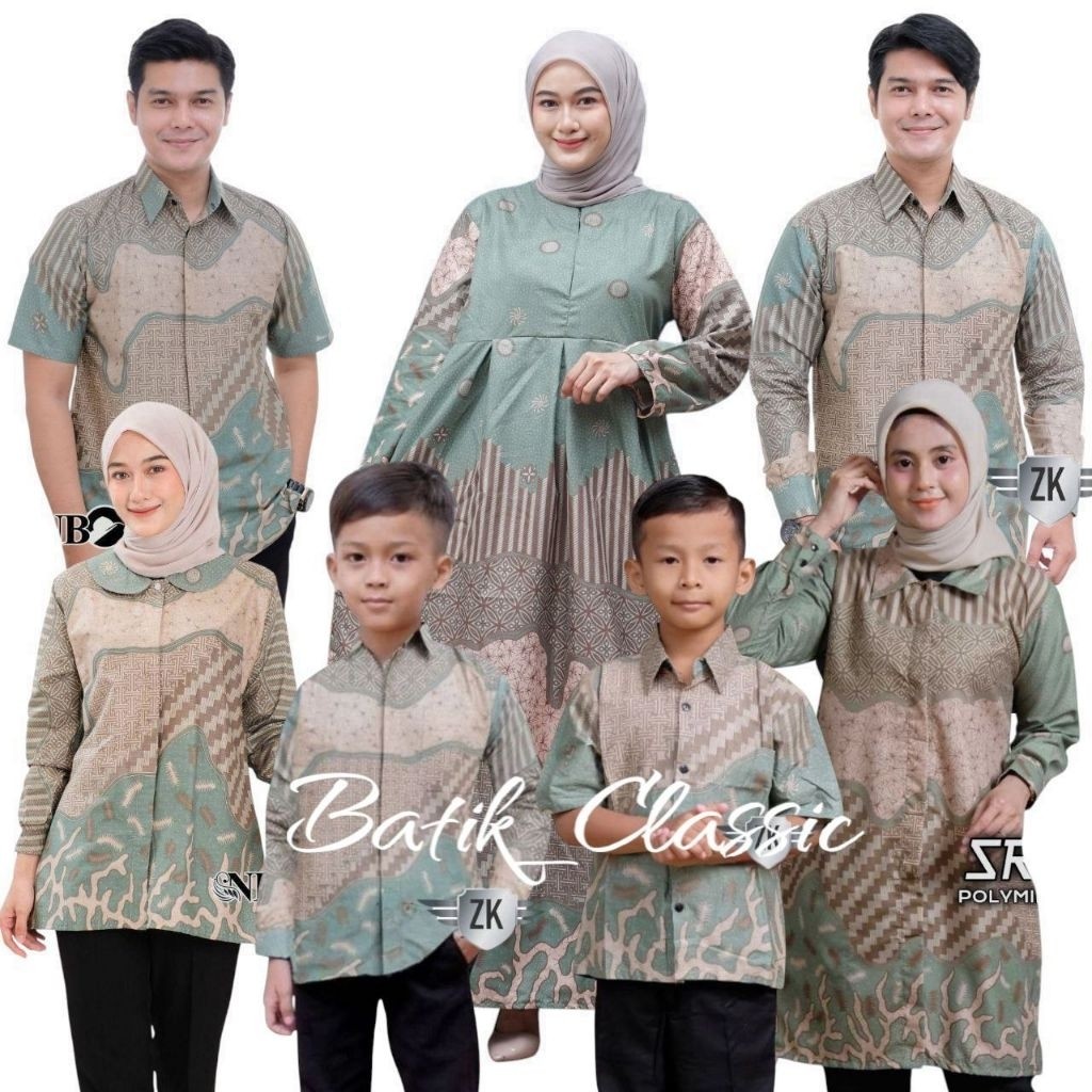 NEW Innara Hijau - Batik Keluarga Lengkap Kemeja Gamis Tunik Dan Batik Anak laki - Batik Couple Kelu