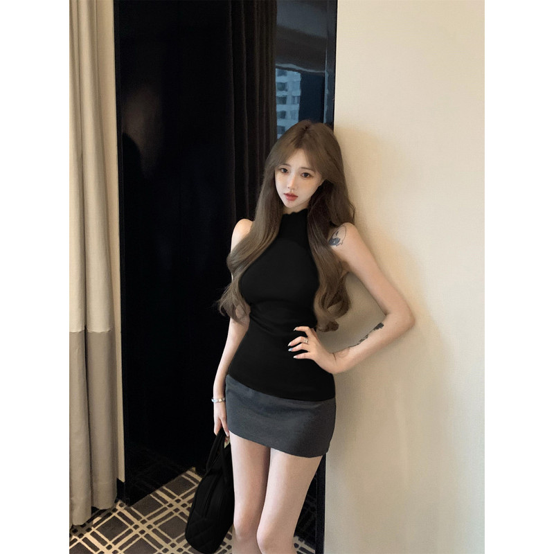 VELVANA COD Rompi Tanpa Lengan Turtleneck Setengah Hitam Dengan Potongan Pas Badan Dan Atasan Serbag