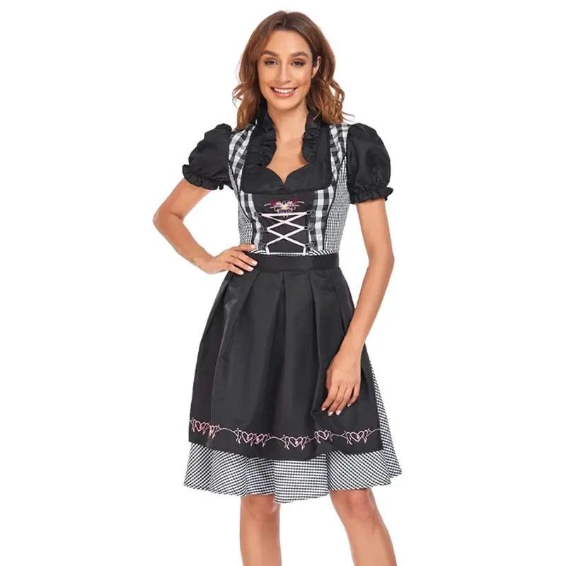 German Bavarian Traditional Beer Wench Maid Set Women Black Plaid Dirndl Dress Women Bavaria Oktober