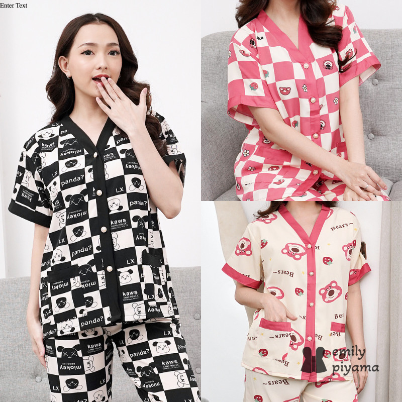 EMILY PIYAMA Set Piyama Kancing Depan Bahan Satin Sutra Series 1 Baju Tidur Wanita Dewasa