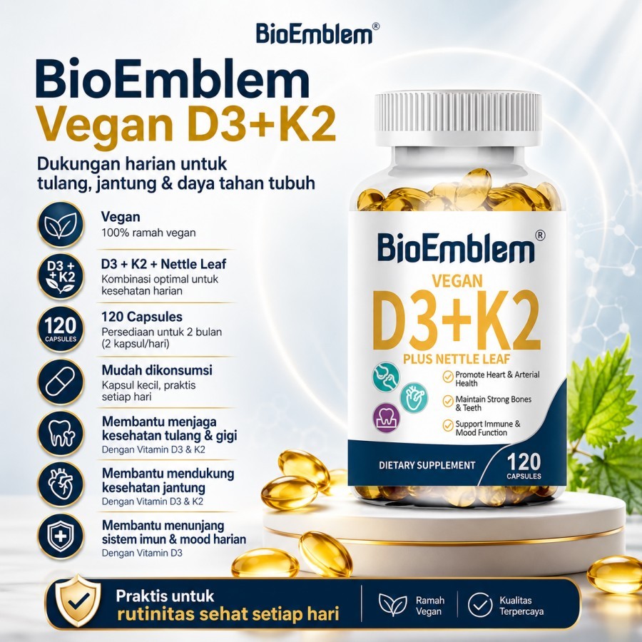 BioEmblem Vegan D3 K2 Plus Nettle Leaf 120 Capsules Suplemen Vitamin D3 K2 MK7 Bantu Jaga Tulang Gig