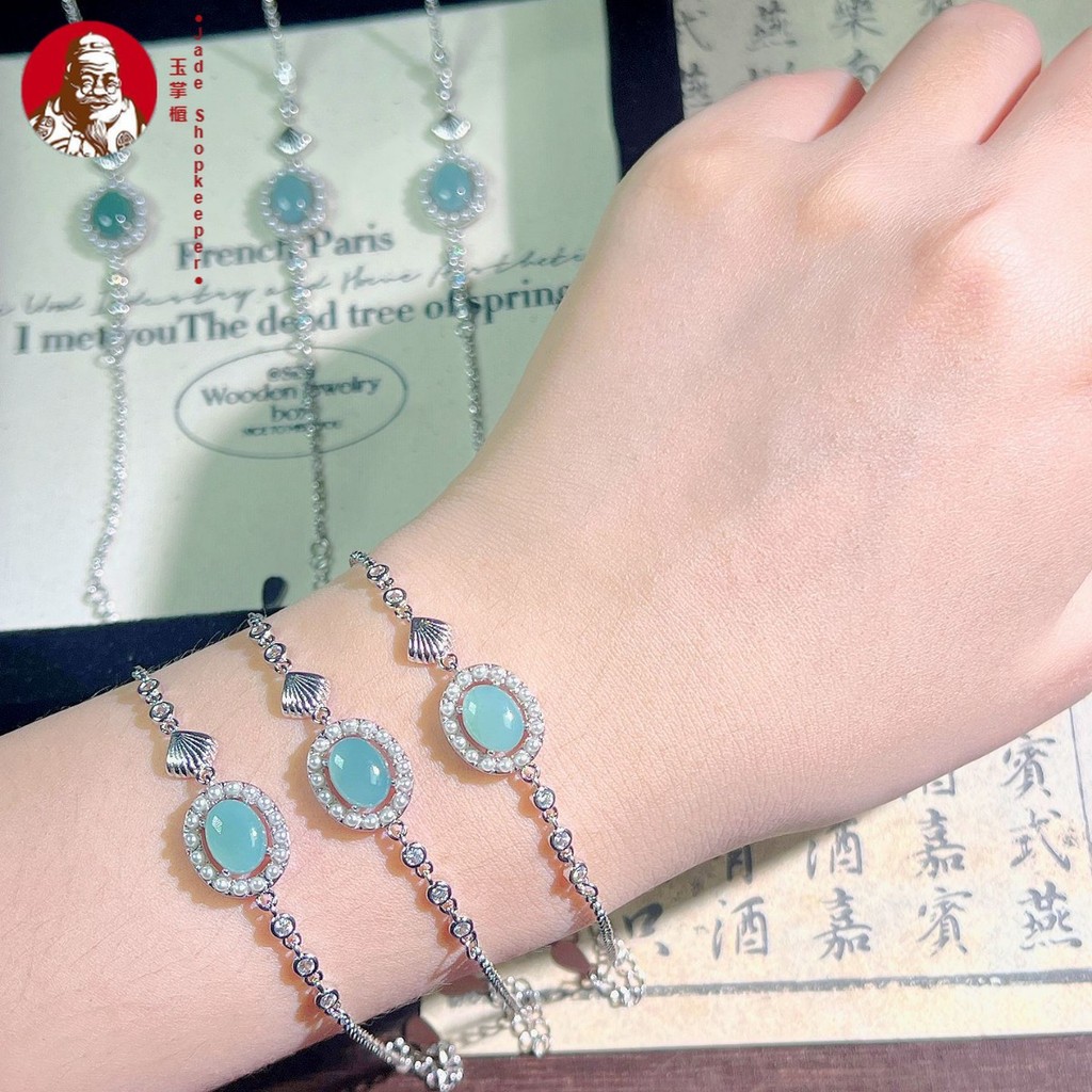 Bahan berbahaya alami cangkang batu giok biru mutiara bulat gelang wanita, bertatahkan 17 + 3CM sega