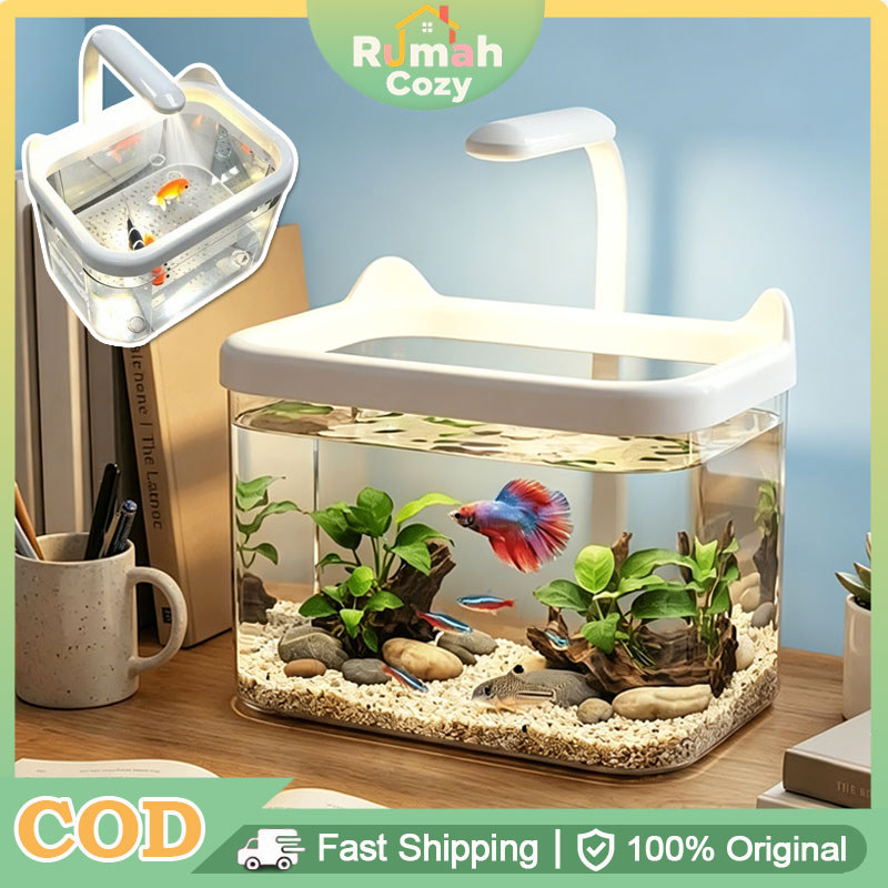 Akuarium Mini Lanskap Akuarium Plastik Dengan Lampu LED Akuarium Ikan Mini Transparan Akuarium Cupan