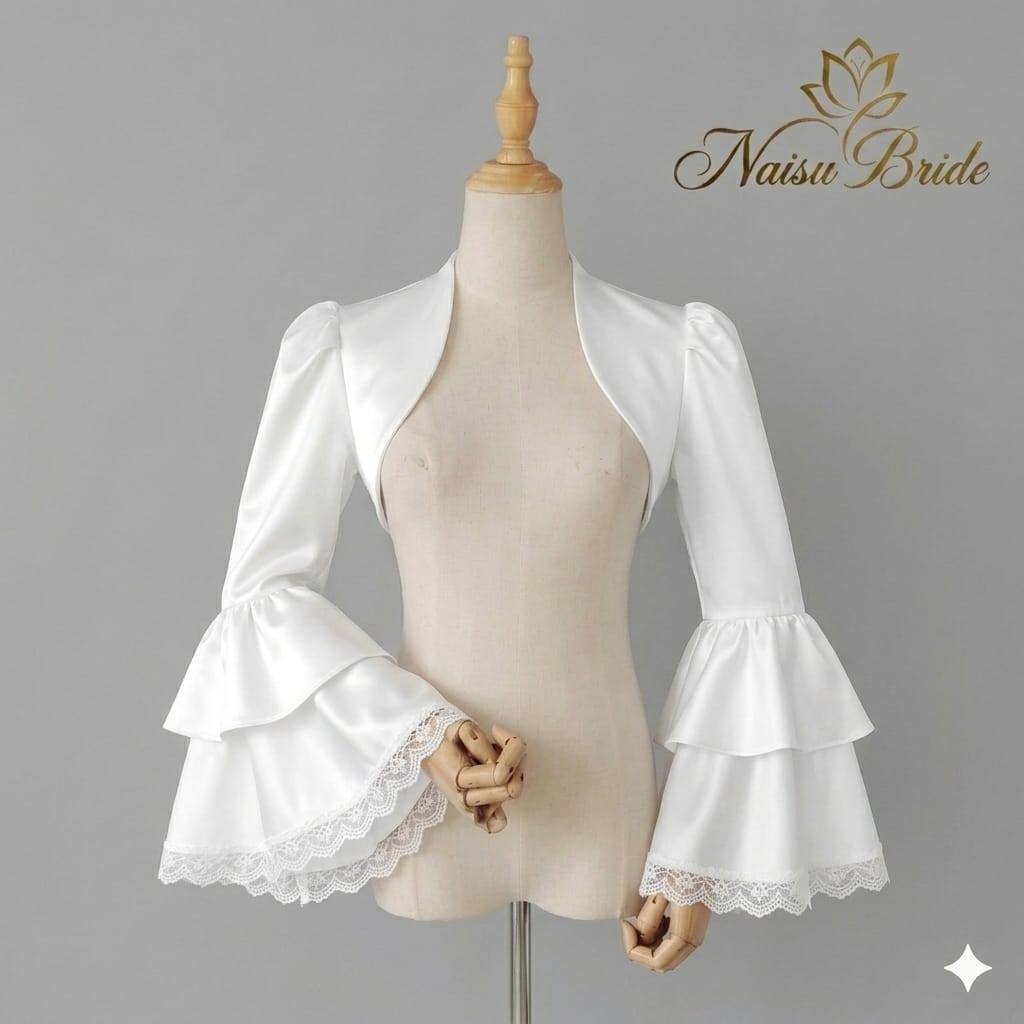 Naisu Cardigan putih wanita lengan 2 layer renda putih crop cardi bridal NB565