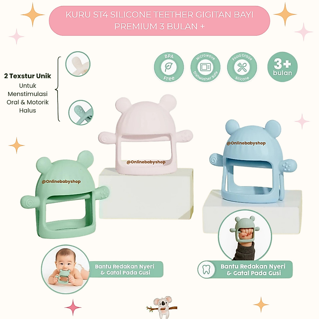 Kuru ST4 Silicone Teether Gigitan Bayi BPA Free | Teether Bayi Premium 3+ Bulan Food Grade