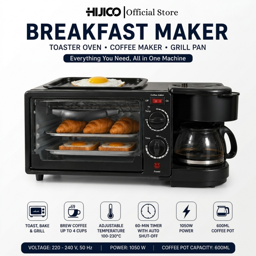 HIJICO Alat Multifungsi 3 in 1 Breakfast Maker Oven Toaster Mesin Kopi Listrik 1050W Praktis