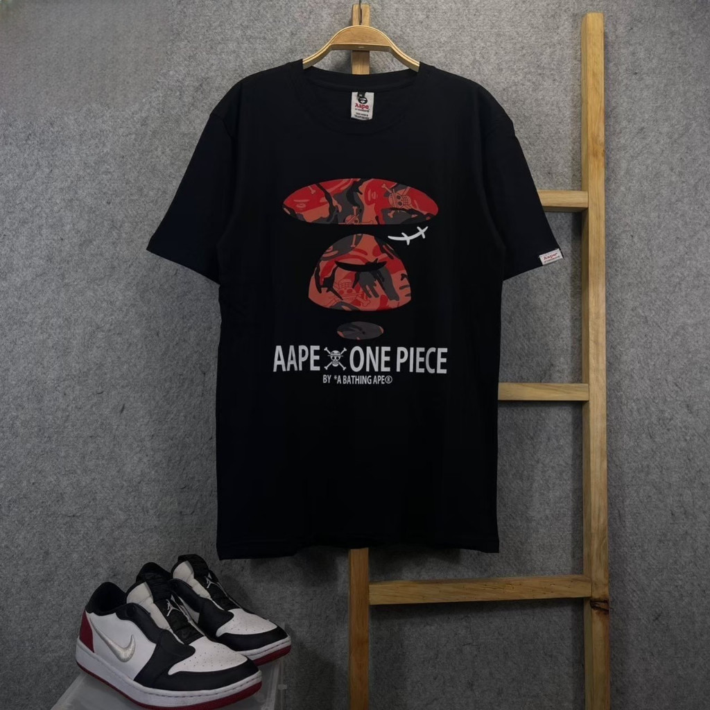 KAOS TSHIRT BAPE A BATHING APE AAPE X ONE PIECE RED BLACK FULL TAG & LABEL