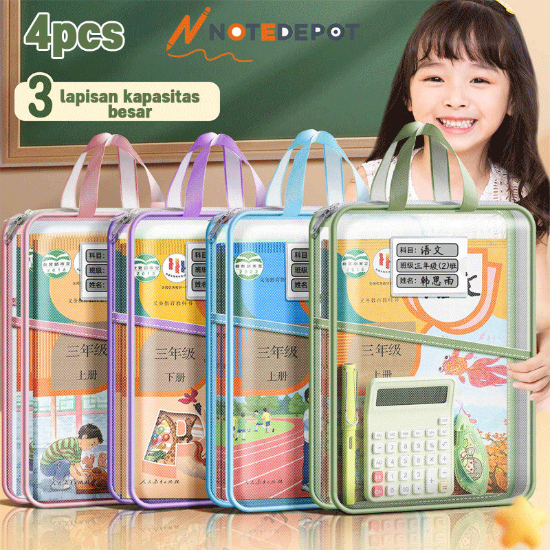 

3 Lapis Tas Dokumen Transparan Tas Buku Portabel Jaring Tas Penyimpanan Kertas