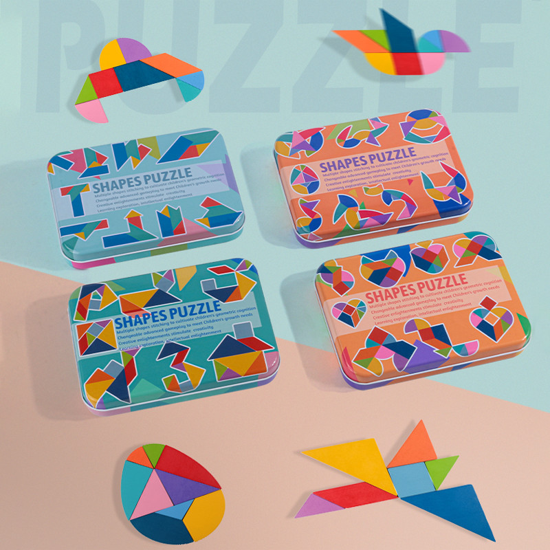 Creative colorful iron box tangram, ildren's early education, heart / egg-shaped nine tangrams, wood