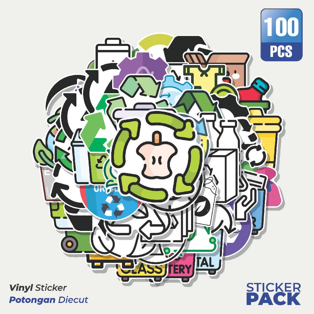 

100 PCS STIKER Stiker Daur Ulang [Recycle] Waterproof Aesthetic- Untuk Laptop, Motor, dan Helm - Paper Stationery Pack