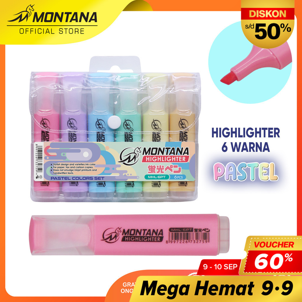 

MONTANA Highlighter Pastel Set 6 Warna Colors MHL-6FL Penanda Berwarna Textliner Pastel