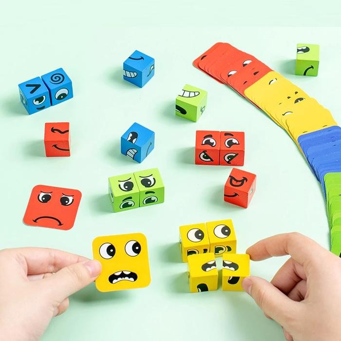 Mainan Edukatif Anak Dadu Ekspresi Wajah Kayu Wooden Toys Tebak Kartu Seru Melatih Emosi Kids Toys K