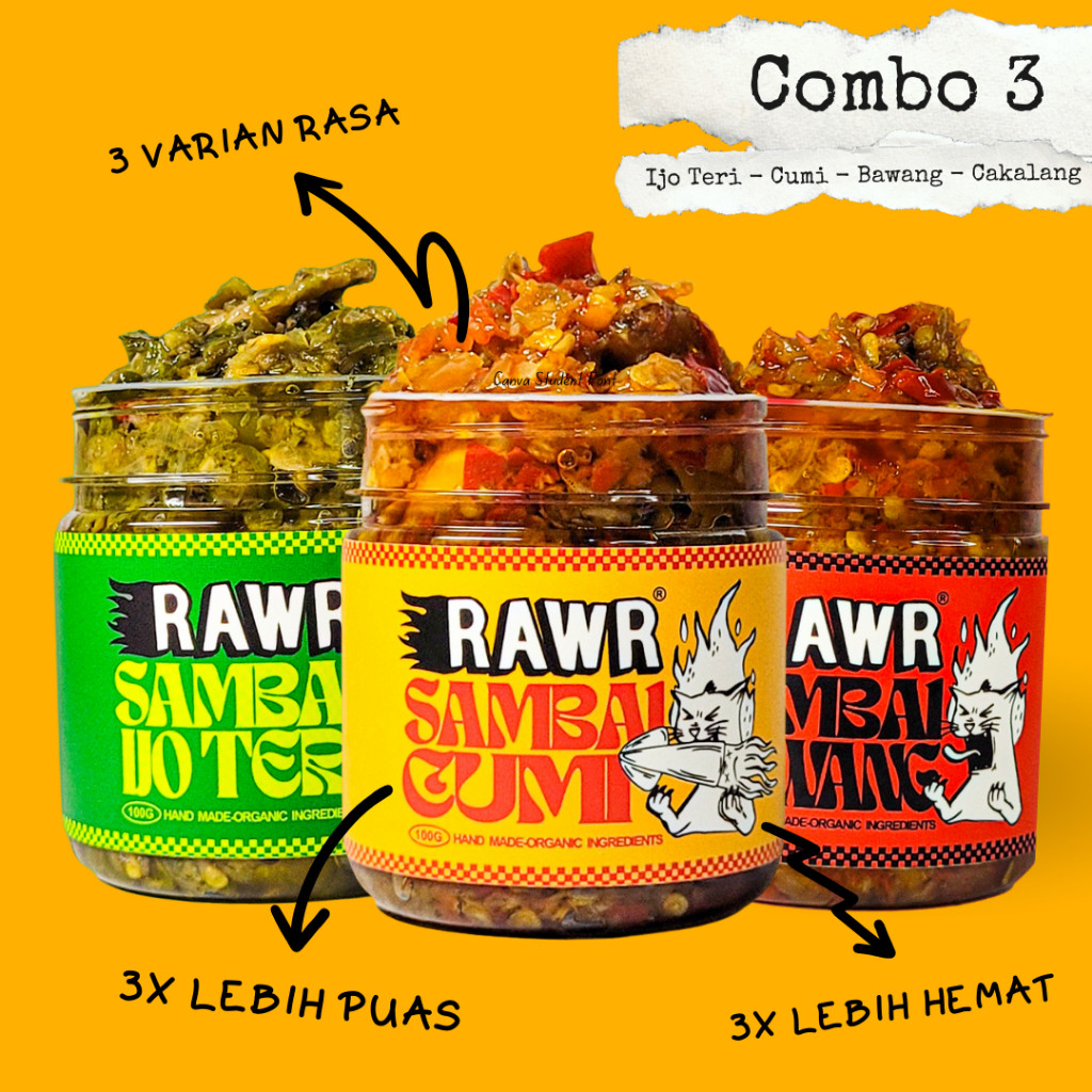 

[ BISA COD ] Terlaris Rawr Sambal - Paket Hemat Combo 3 Sambal Cumi/Bawang/Cakalang/Ijo Teri Av