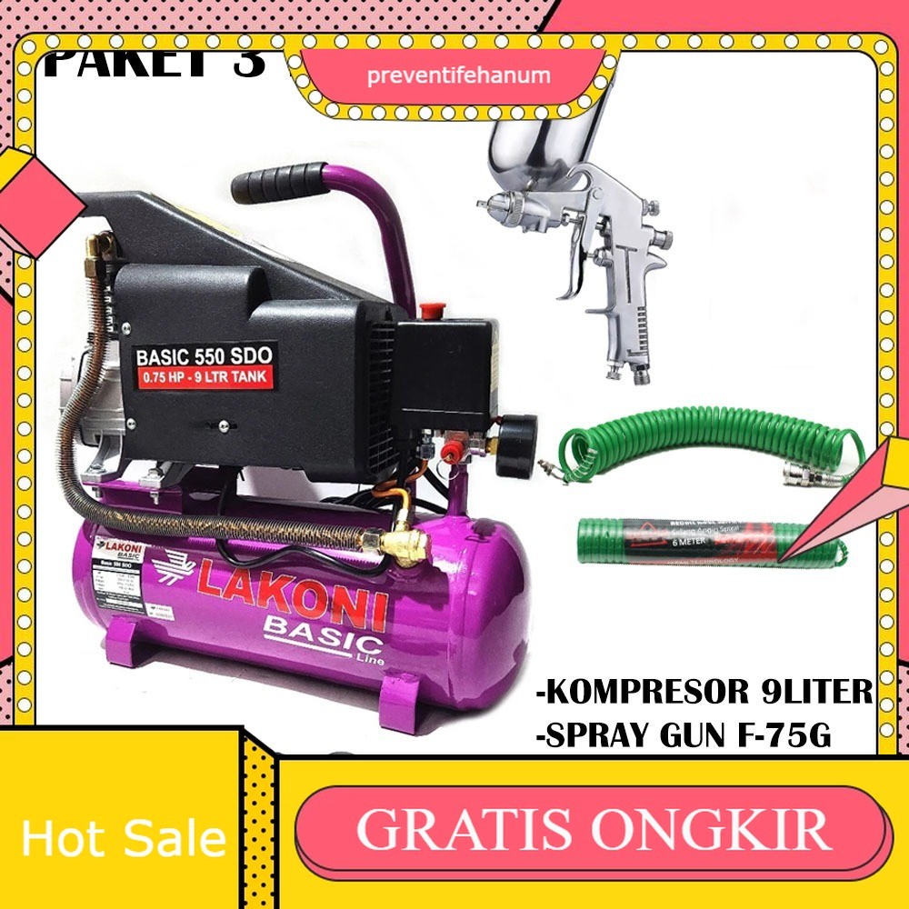 PAKET LAKONI Kompresor Angin Portable Oilless 1 HP 9 LITER Mini Air Compressor Udara + Spray Gun 75G